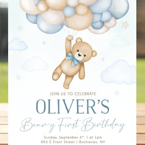 Invitación de cumpleaños del oso de peluche Beary primera fiesta de cumpleaños invitar al niño 1er azul Boho globos aerostáticos plantilla EDITABLE, descarga instantánea