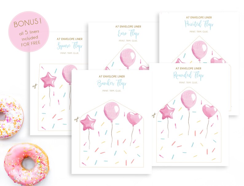 May include: Five printable A7 envelope liners with a pink and white watercolor balloon and confetti design. The liners feature different flap styles: Square, Euro, Printed, Rounded, and Banker.