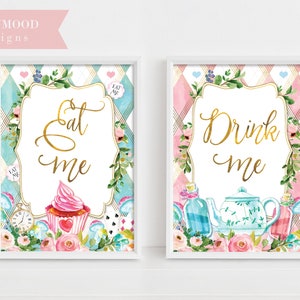 Alice In Wonderland Party Signs, Decor Onederland Girl&#39;s 1st Birthday Party Invitation, Mad Tea Party, Decoration Eat me Drink me party sign