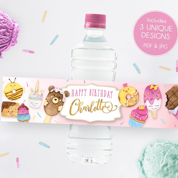 Étiquettes d’eau d’anniversaire de bonbons, Sweet One, Étiquette de bouteille, Candyland, Célébration douce, Premier 1er anniversaire, Beignet, Blush Pastel Gold, Imprimable