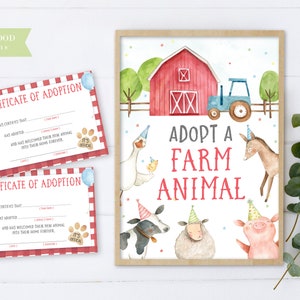 Signe Adoptez un animal de la ferme, certificat d'adoption, décoration d'animaux de la ferme, décoration de basse-cour de fête d'anniversaire de fille, fêtards de ferme à imprimer