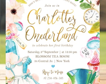 Alice In Wonderland Invitation, Onederland Girl's 1st Birthday Party Invitation, Mad Tea Party, First Birthday Invite, ANY AGE, Printable