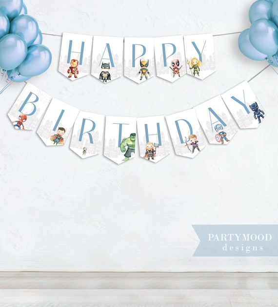 Superheroes Happy Birthday Banner, HBD Banner, Avengers Sign, Superhero Theme, Wall Decor, Boy Avengers Party, Instant Download Printable