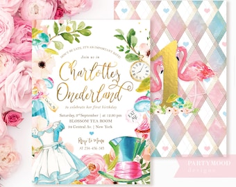 Alice In Wonderland Invitation, Onederland Girl's 1st Birthday Party Invitation, Mad Tea Party, First Birthday Invite, ANY AGE, Printable