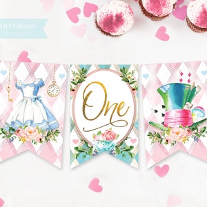 Alice In Wonderland ONE Banner, Highchair Banner, Onederland, Girl 1st Birthday Party, Mad Hatter Tea Party, Bunting, Digital Printable image 1