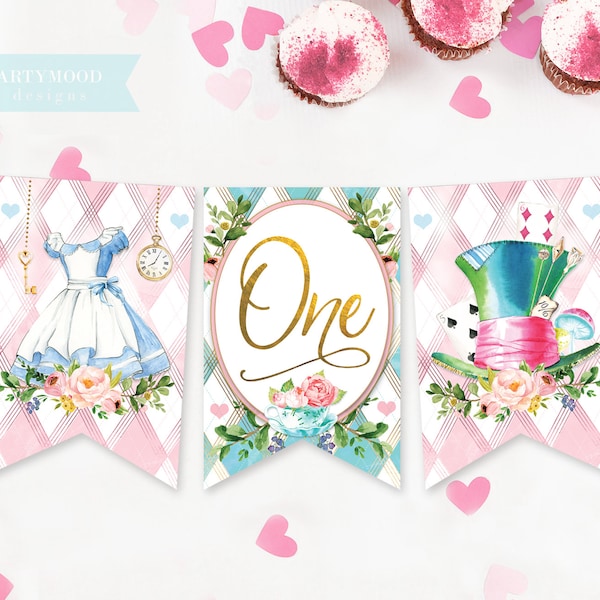 Alice In Wonderland ONE Banner, Highchair Banner, Onederland, Girl 1st Birthday Party, Mad Hatter Tea Party, Bunting, Digital Printable