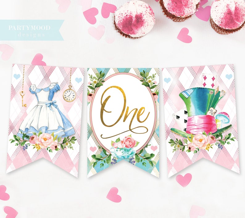Alice In Wonderland ONE Banner, Highchair Banner, Onederland, Girl 1st Birthday Party, Mad Hatter Tea Party, Bunting, Digital Printable image 1