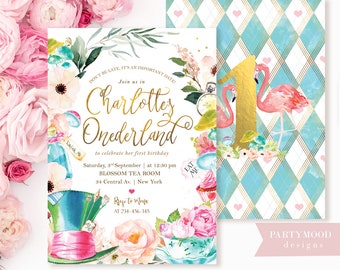 Alice In Wonderland Invitation Editable Onederland Invitation Template Girl's 1st Birthday Party Alice Tea Party Birthday Invite  Printable