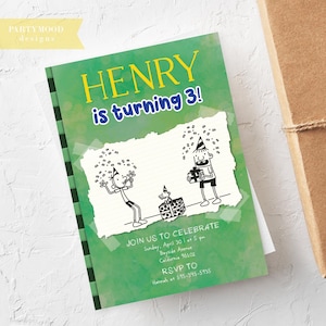 May include: Green birthday invitation with a cartoon drawing of a boy holding a gift. The text reads "HENRY is turning 3!" and includes details for the party, including the date, time, address, and RSVP information.