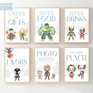 Superheroes Birthday Signs, Set of 6 Fun Signs, Food Drinks, Avengers Decor, Superhero Theme Boy Avengers Party, Printable, INSTANT DOWNLAOD