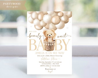 Editable Bear Hot Air Balloon Gender Neutral Baby Shower Invitation Boho, Boy Girl Teddy Bear We Can Bearly Wait Baby Shower Invite Template