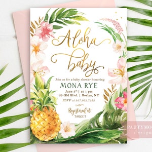 Aloha Baby-Dusche-Einladung, Ananas-Baby-Dusche-Einladung, Sommer-Einladung, Mädchen-Baby-Dusche, tropische Blumenkarte, Ananas, Rosa, Gold