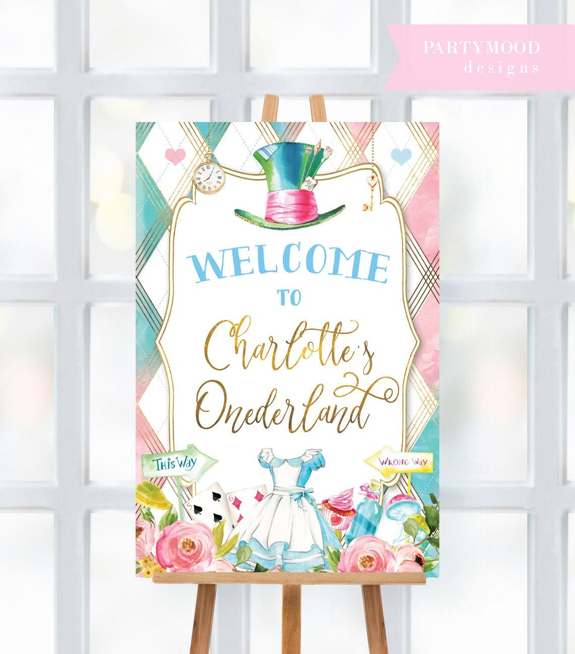 Alice In Wonderland Welcome Sign Onederland Girls 1st Birthday Party Invitation Baby Shower Mad Tea Party First Birthday