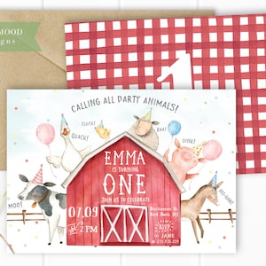 Invitation d'anniversaire d'animaux de ferme, invitation de premier anniversaire modifiable, animaux de fête, basse-cour, invitation de ferme, fête d'anniversaire de fille de garçon, IMPRIMABLE