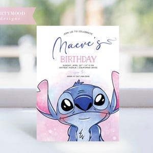 May include: A birthday invitation featuring a cartoon character. The invitation has the text "Maeve's Birthday" in a script font, along with event details. The character is blue with large eyes and ears, set against a pink and blue watercolor background.