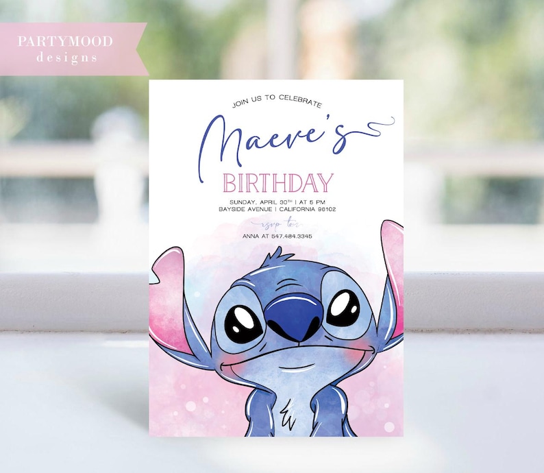 May include: A birthday invitation featuring a cartoon character. The invitation has the text "Maeve's Birthday" in a script font, along with event details. The character is blue with large eyes and ears, set against a pink and blue watercolor background.