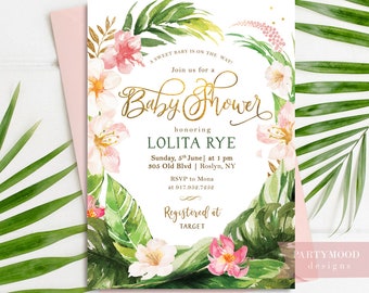 Tropical Baby Shower Invitation, Girl Baby Shower Invite, Summer Invitation, Tropical Baby Shower, Floral Invite, Leaves, Pink Gold Flowers