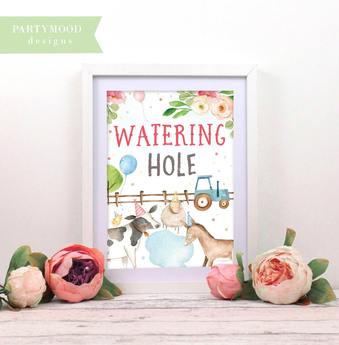 Watering Hole Sign, Fun Farm Sign, Farm Animals Table Decor, Boy Girl Birthday Party Barnyard ...