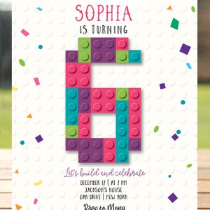 Convite editável de blocos de construção, festa de aniversário de blocos, convite de blocos de construção, tijolos de construção, festa de aniversário de menina, qualquer idade IMPRIMÍVEL