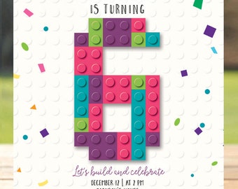 Puede incluir: Una invitación de cumpleaños para un niño que cumple seis años. La invitación presenta un número seis colorido hecho de bloques de construcción de juguetes y confeti. El texto de la invitación dice: "Calling all master builders Sophia is turning 6 Let's build and celebrate December 12 | at 2 PM Jackson's House Oak Drive | New York Rsvp to Mona at 721-283-5394".