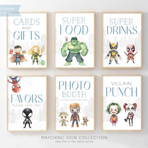 Puede incluir: Conjunto de ocho carteles de fiesta de superh&eacute;roes imprimibles con ilustraciones de acuarela de varios superh&eacute;roes y villanos. Los carteles incluyen "Tarjetas y regalos", "Super comida", "Super bebidas", "Favores", "Fotomat&oacute;n", "Ponche de villano", "&iexcl;Veamos tu super sonrisa!" y "&iexcl;Por favor, toma uno!"