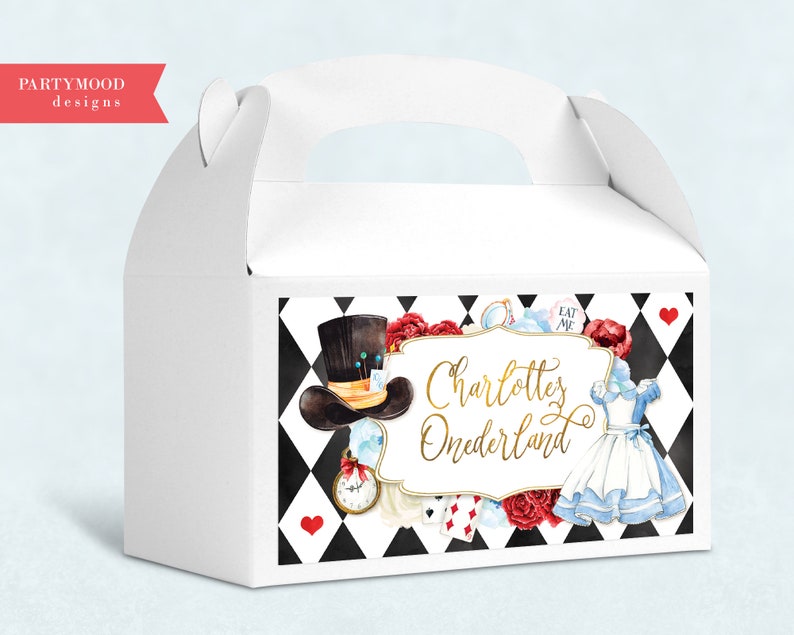 Alice In Wonderland Gable Box Editable Gift Box Onederland Gable Favor Bag Girl 1st Birthday Mad Tea Party Decor DIGITAL