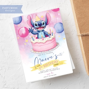 Stitch verjaardagsuitnodiging bewerkbare sjabloon Stitch Cartoon verjaardagsfeestje Evite, leuk ontwerp voor kinderfeest, direct downloaden, afdrukbaar