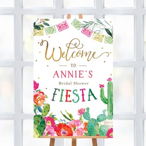 Cartello di benvenuto Fiesta Bridal Shower, invito a una festa messicana, floreale, fiori, cactus, addio al nubilato, cactus, rosa Let's Fiesta Bridal Shower