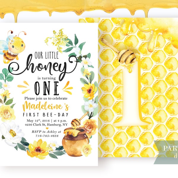 Bee Birthday Invitation, Editable Beehive Invite, Little Honey Party, Bee-Day, Bee Day for Girls and Boys, Girl First Birthday Printable 013