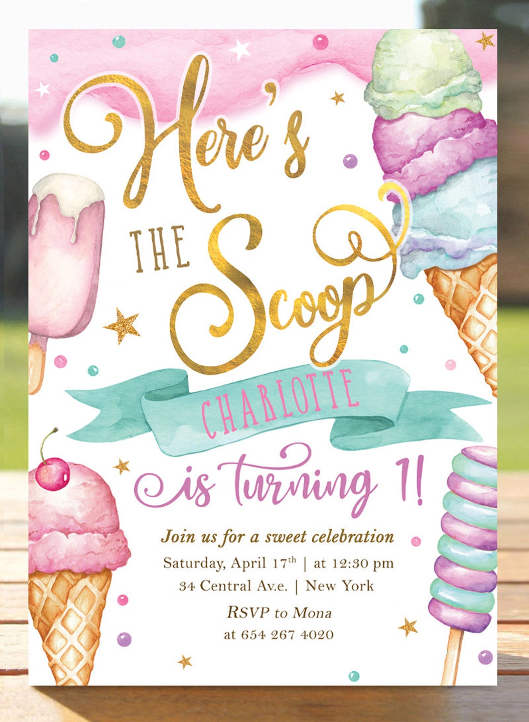 Ice Cream Birthday Invitation, Here's the Scoop Invite, Ice Cream First