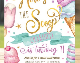 Ice Cream Birthday Invitation, Here's The Scoop Invite, Ice Cream First Birthday Invitation, Girl 1st Birthday, Sweet One, Pastel Gold 010