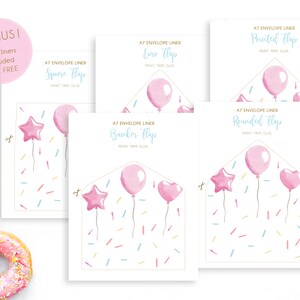 K&ouml;nnte beinhalten: F&uuml;nf bedruckbare A7-Umschlaginnenh&uuml;llen mit einem rosafarbenen und wei&szlig;en Aquarell-Ballon- und Konfetti-Design. Die Innenh&uuml;llen haben verschiedene Klappenformen: Quadratisch, Euro, Gedruckt, Gerundet und Banker.