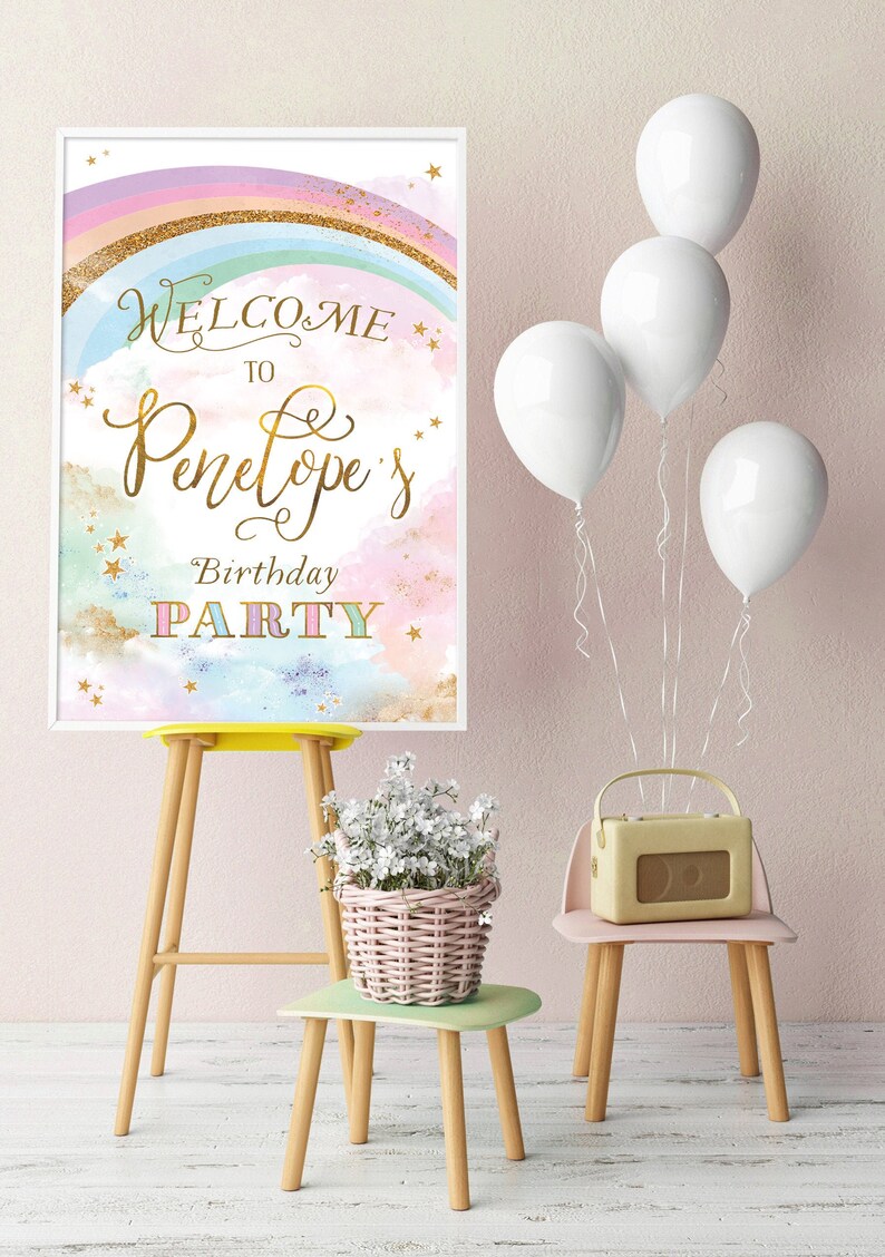 Rainbow Cupcake Toppers, Rainbow Birthday Invite, Magical Party decor, Unicorn Girl 1st Birthday, Summer Rainbow Party, Blush Pastel Gold image 8