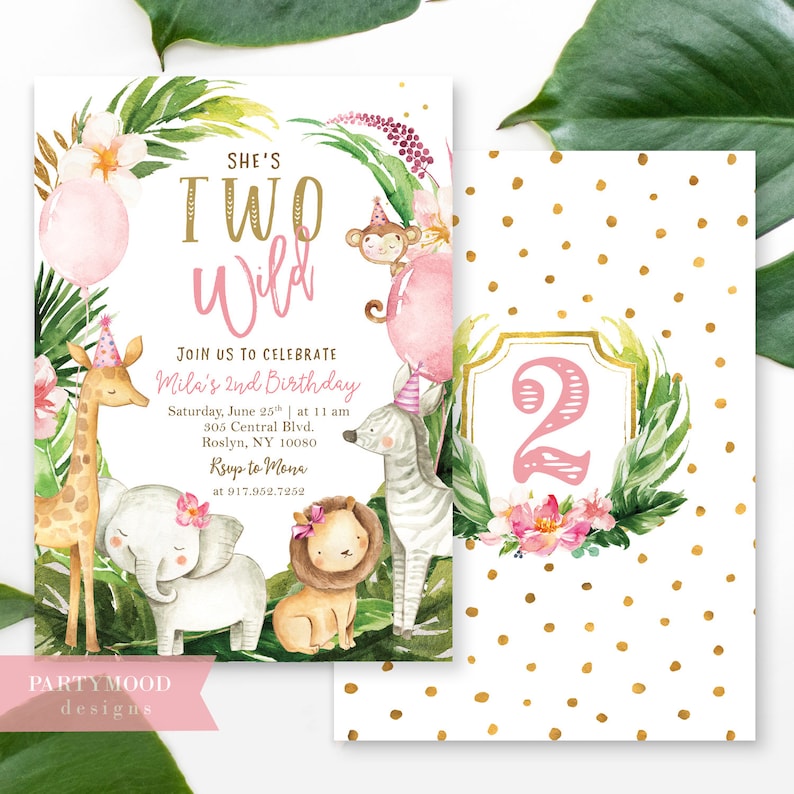 Two Wild Safari Birthday Invitation Safari Animals 2nd Birthday Invite Girl Summer Party Elephant Lion Elephant Tropical