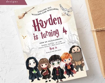 Invitación de cumpleaños de mago, plantilla de invitación de cumpleaños mágica de magos, brujas, editable, imprimible, de magia y hechicería.