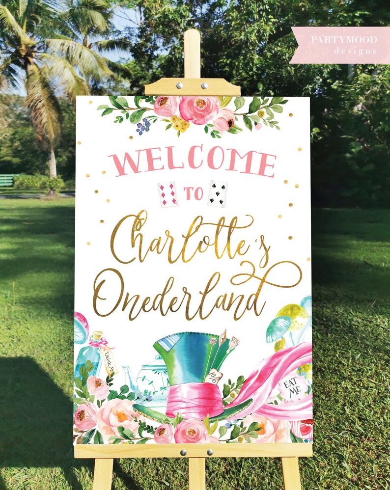 Alice In Wonderland ONE Banner, Highchair Banner, Onederland, Girl 1st Birthday Party, Mad Hatter Tea Party, Bunting, Digital Printable image 10