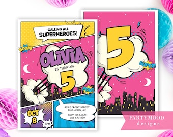 Editable Superheroes Birthday Invitation, Superhero Birthday Invite Superhero Theme, Girl Comic Book Hero, Download Printable Corjl Template