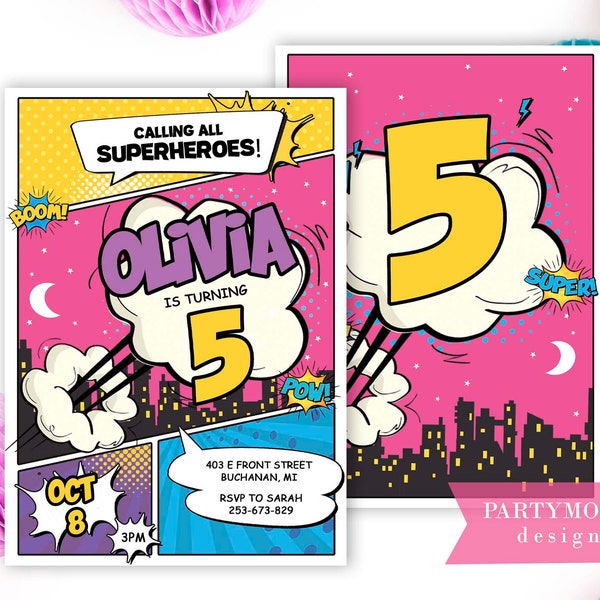 Editable Superheroes Birthday Invitation, Superhero Birthday Invite Superhero Theme, Girl Comic Book Hero, Download Printable Corjl Template