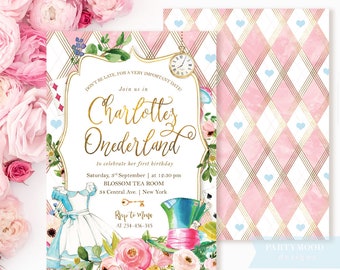 May include: A pink and white invitation with gold accents for a first birthday party. The invitation features a whimsical Alice in Wonderland theme with illustrations of Alice, the Mad Hatter, and a pocket watch. The text reads "Don't be late, for a very important date! Join us in Charlotte's Onederland to celebrate her first birthday. Saturday, 3rd September | at 12:30 pm BLOSSOM TEA ROOM 34 Central Ave. New York RSVP to Mona AT 234-456-345"