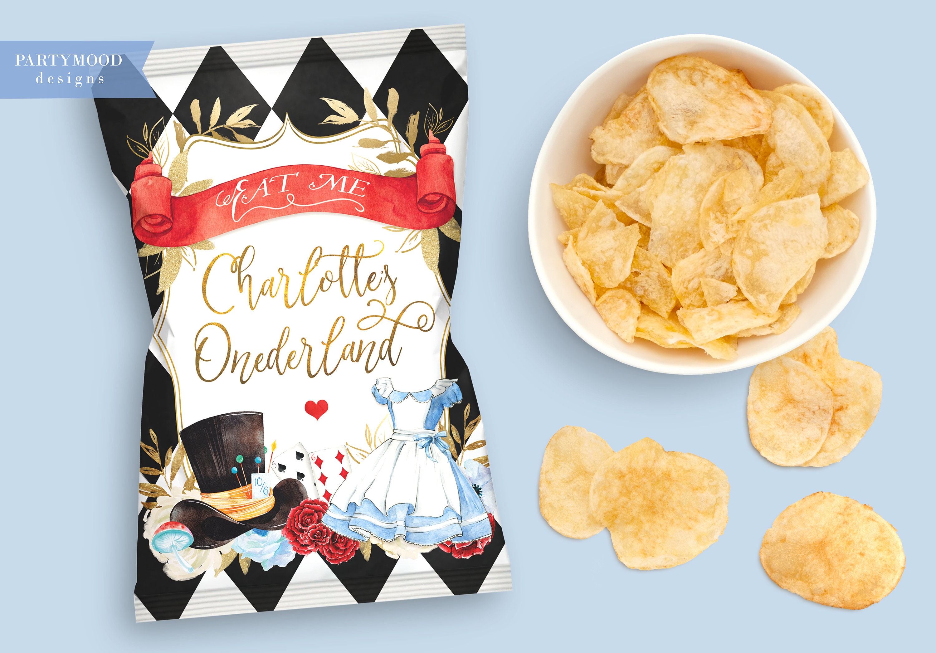 Alice In Wonderland Chip Bag, Party Decorations, Chips Bag Template, Onederland Decor, Favor, Girl 1st Birthday, Mad Tea, Snacks, PRINTABLE