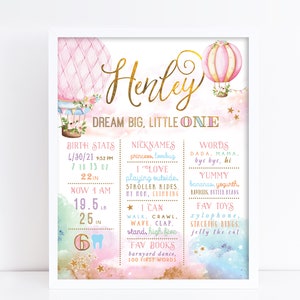 Pôster de marco de balão de ar quente, placas editáveis de festa de primeiro aniversário, para cima e para longe, Oh The Places, menina primeiro aniversário floral para impressão