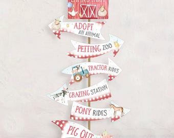 May include: Red and white barn sign with the text "Welcome to Emma's Farm" and a red and white checkered background.  The sign has arrows pointing to different activities at a farm party, including "Adopt an Animal", "Petting Zoo", "Tractor Rides", "Grazing Station", "Pony Rides", and "Pig Out".