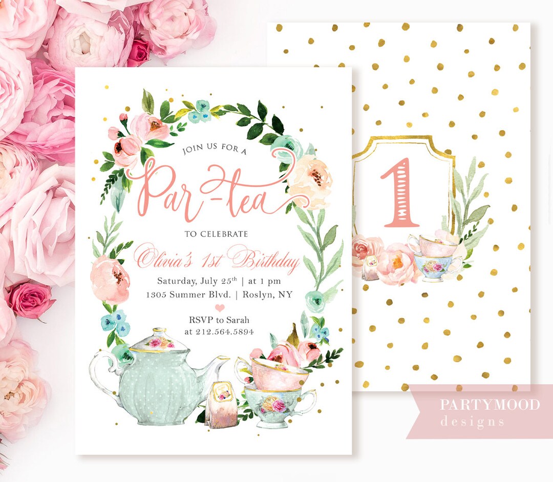 Floral Tea Party Birthday Invitation, Editable, Girl 1st Birthday, High