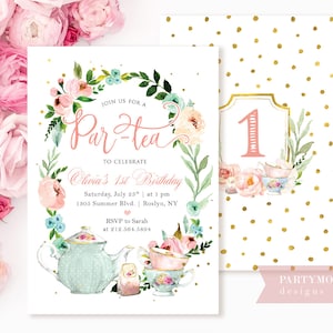 Floral Tea Party verjaardagsuitnodiging, bewerkbare, meisje 1e verjaardag, High Tea Party uit te nodigen, tuin verjaardagskaart voor meisjes, pastel, bloemen