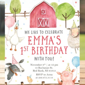 Faire-part d'anniversaire modifiable avec les animaux de la ferme, invitation premier anniversaire, fêtards, basse-cour, invitation à la ferme, fête d'anniversaire garçon fille, imprimable