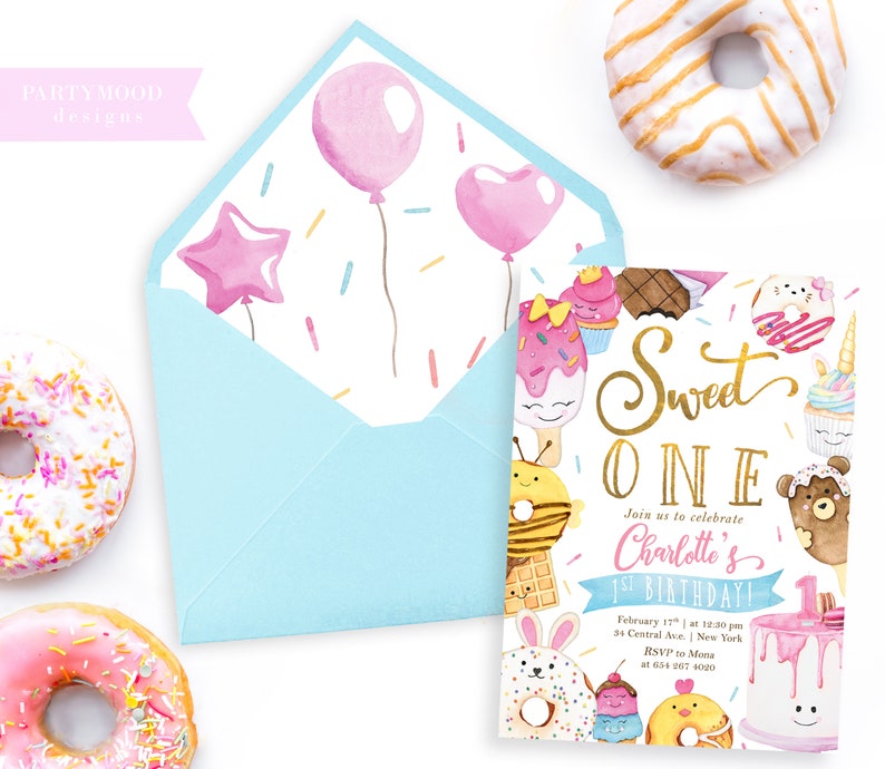 May include: A pink and blue invitation with a gold glitter design for a first birthday party. The invitation features a donut, cupcake, ice cream cone, and a cake with the words "Sweet One" and "Join us to celebrate Charlotte's 1st Birthday!"