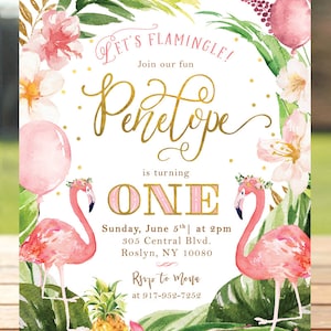 Flamingo verjaardagsuitnodiging, meisje 1e verjaardag, zomeruitnodiging, Flamingo kaart voor meisjes, tropisch Let's Flamingle, roze goud, zwembadfeest