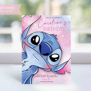 Sjabloon steek verjaardagsuitnodiging, bewerkbare steek cartoon verjaardagsfeestje, leuk ontwerp voor kinderfeest, direct downloaden, afdrukbaar