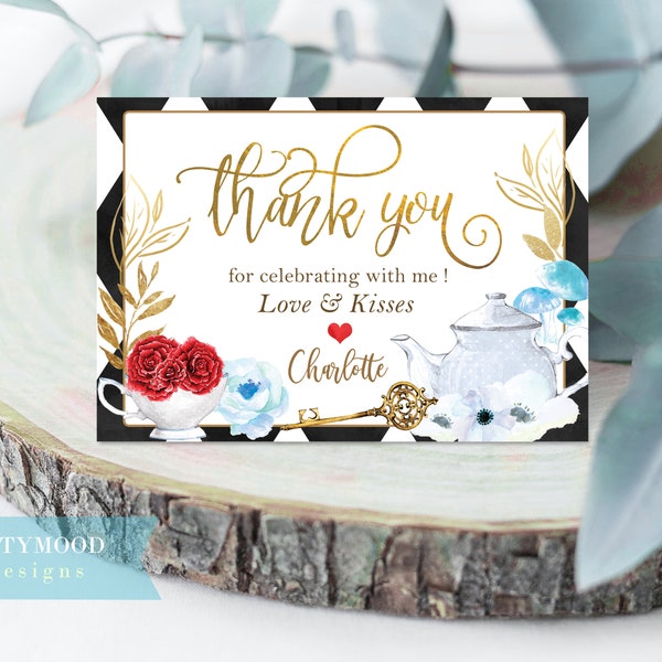 Alice In Wonderland THANK YOU Card, Editable Thank You, Onederland, Girl 1st Birthday Party, Mad Hatter Tea Party, Insert, Digital Printable