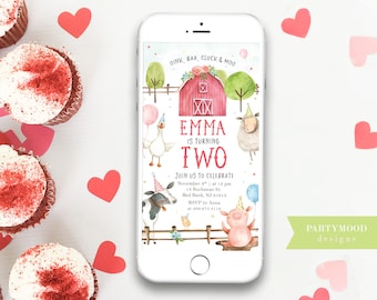 Farm Animals Birthday Evite, Phone Invitation, Second Birthday, Party Animals, Barnyard Farm Invitation Farmhouse, Boy Girl Party, EDITABLE